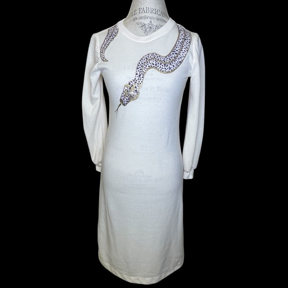 Vintage Hand made Midi Dress Cream and Gold With Snake Applique Detail Size Sm